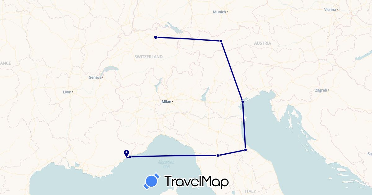 TravelMap itinerary: driving in Austria, Switzerland, France, Italy, Monaco, San Marino (Europe)